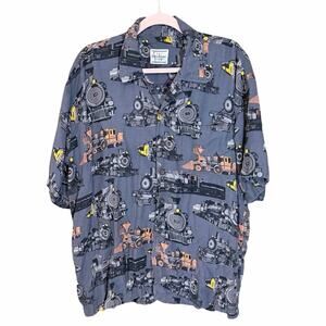 Men’s David Carey Train Print Button Down Shirt XL Steam Engine Locomotive Retro
